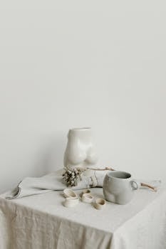 Minimalistic still life featuring a ceramic vase and cup on a linen-covered table.