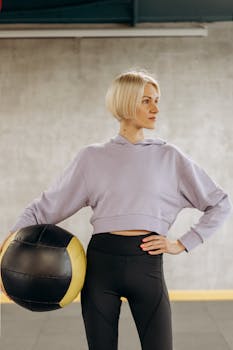 Fit woman in gym holding a medicine ball, showcasing strength and athleticism.