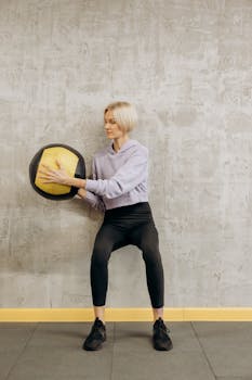 Athletic woman engaging in a fitness workout with a medicine ball indoors.