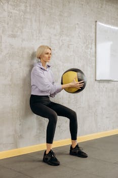 Blonde woman practicing wall sit exercise with a medicine ball in a gym setting.