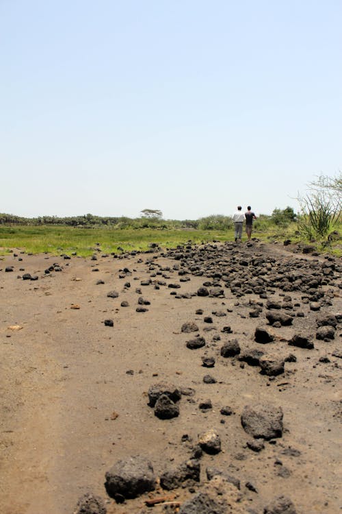 Two People Walking on a Rocky Pathway