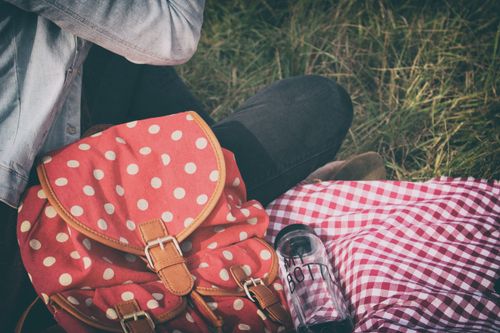 Free Charming outdoor picnic setup with a red polka dot bag and checkered blanket on the grass. Stock Photo