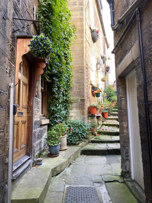 Free Charming narrow alley with stone steps, lush greenery, and potted plants creating a picturesque scene. Stock Photo