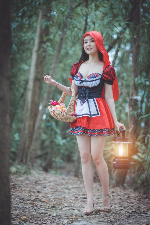 Free Woman in a red Riding Hood costume with lamp and basket in a forest setting Stock Photo