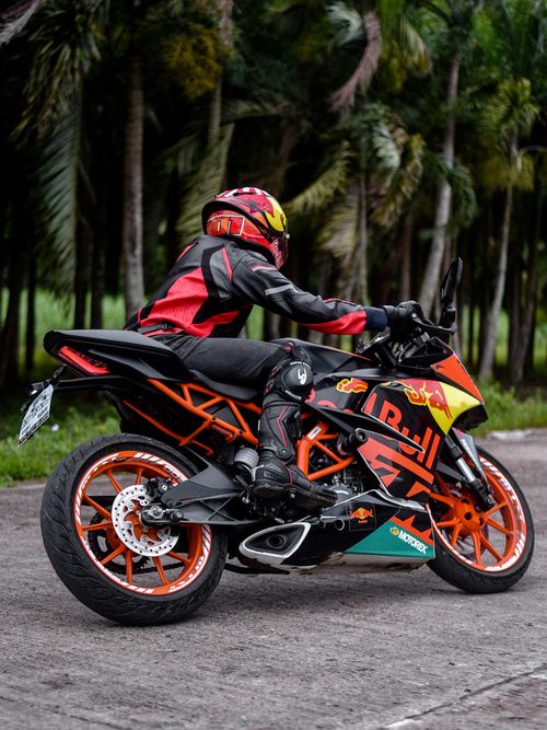 Free Motorcyclist wearing gear and helmet riding a sport bike on a forest-lined road. Stock Photo