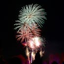 节日的户外庆祝活动中，夜空中绽放着鲜艳的烟花