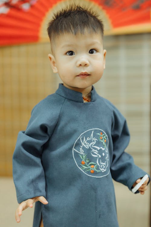 Close-up Photo of Cute Kid in Traditional Chinese Wear