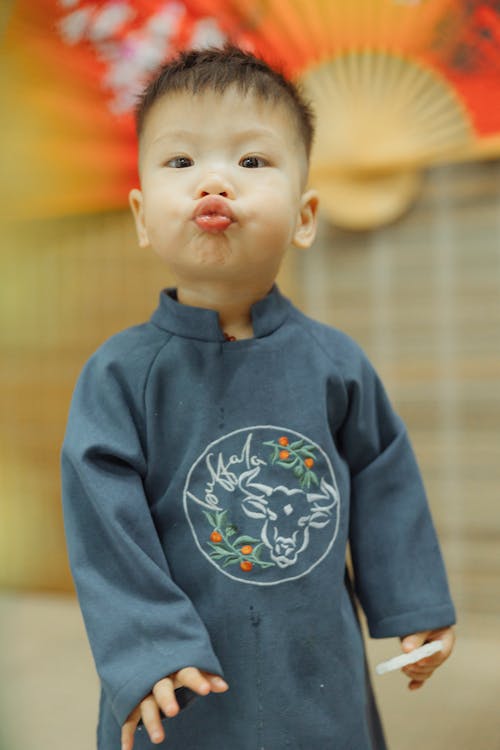 A Boy Wearing Traditional Costume Pouting His Lips while Looking at the Camera