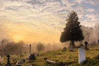 汉普郡墓地的日出薄雾弥漫，雾中可见墓碑与树木