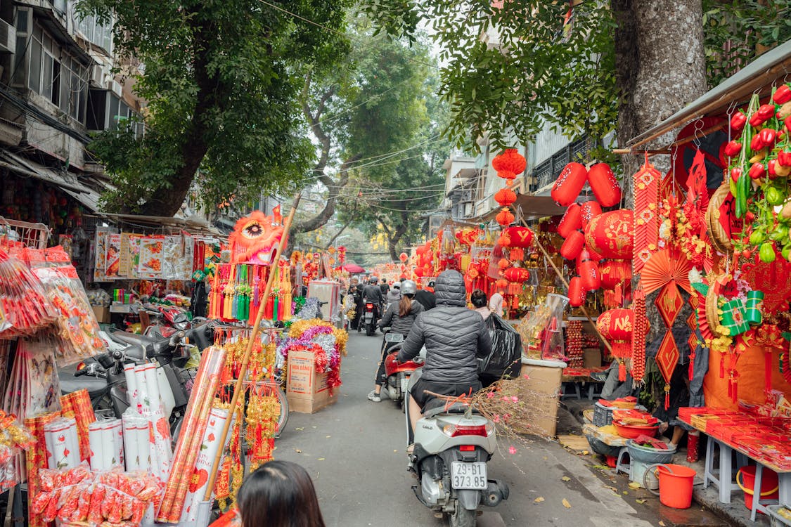 Stalls Selling Chinese New Year Decorations on the Side of the Street