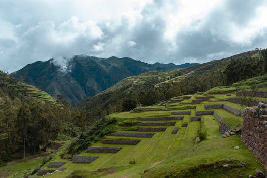 Scenic view of ancient Inca terraces in Cuzco's Sacred Valley, Peru.