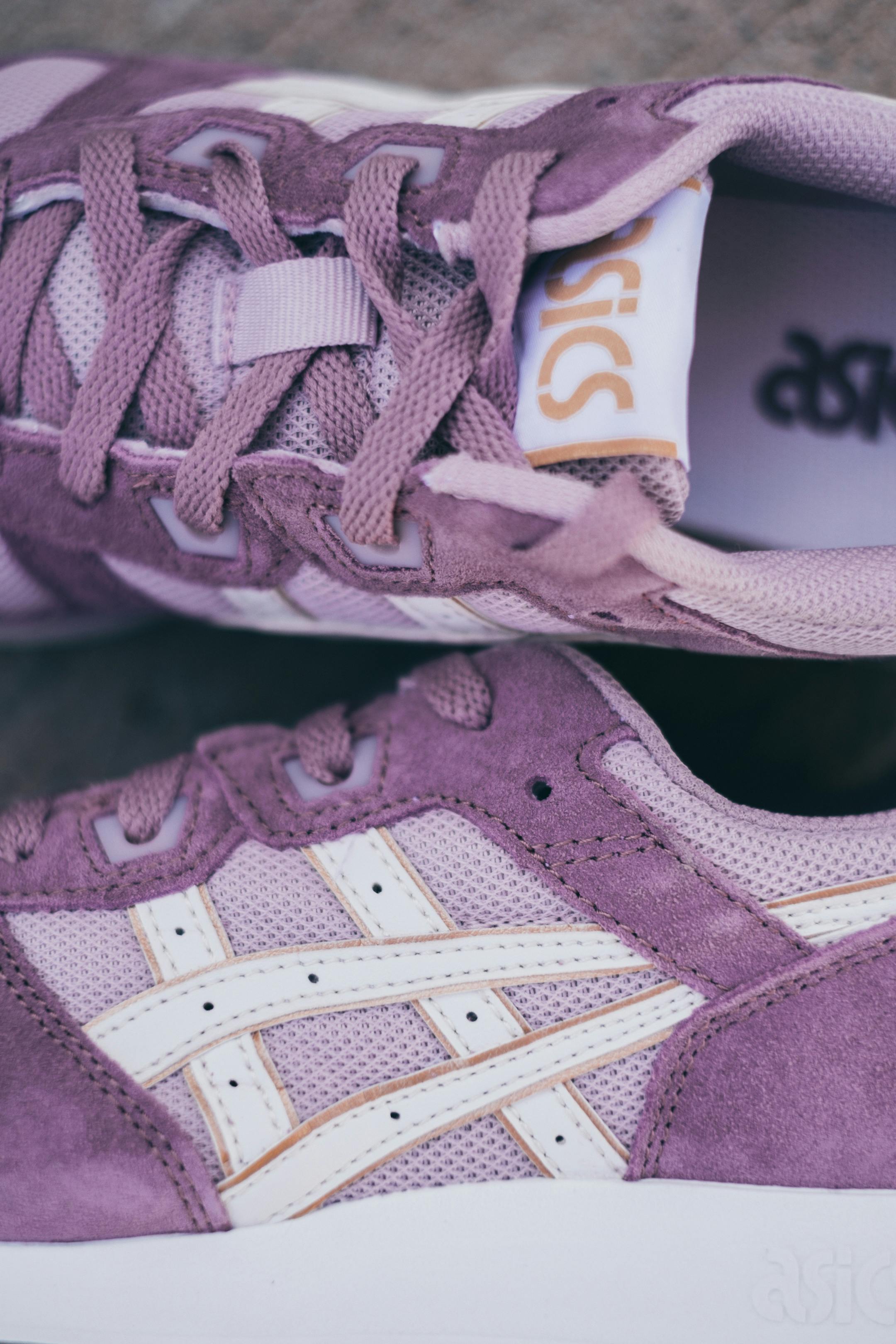 Detailed image of purple suede Asics sneakers, perfect for casual footwear enthusiasts.