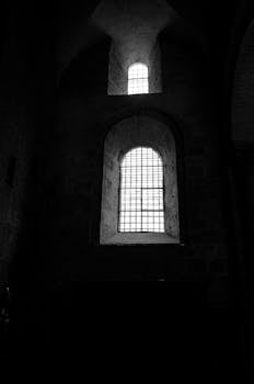 一座古老的石制大教堂内，拱形窗户映衬着忧郁的黑白景色