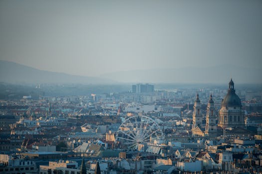 Explore the breathtaking aerial view of Budapest, featuring the iconic Ferris wheel and historic architecture.