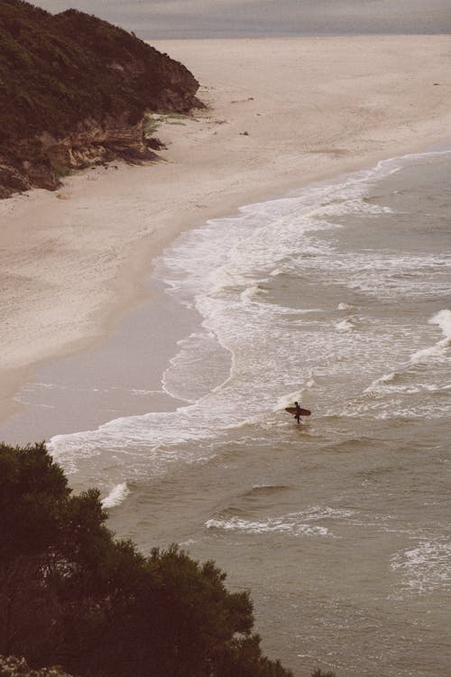 Free Aerial Shot of a Person Carrying a Surfboard Stock Photo