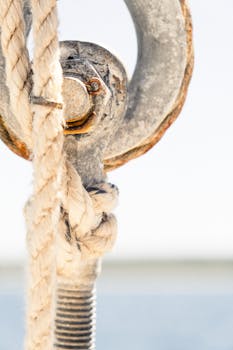 Detailed view of a rusty metal hook tied with a rope, showcasing texture and weathering.