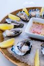 Opened Raw Oysters and Sliced Lemon on a Wooden Plate