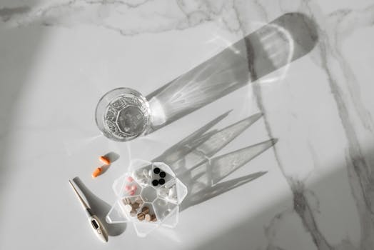 Arrangement of glass of water, pills, and digital thermometer casting shadows on marble table.
