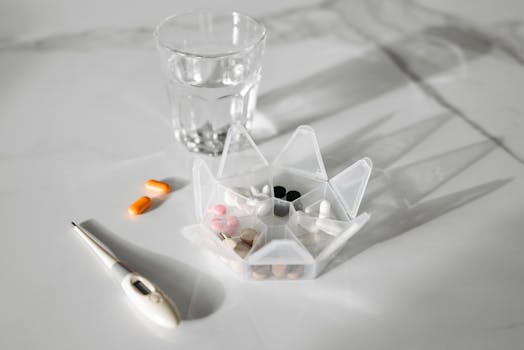 A pill organizer with medication, a glass of water, and a thermometer on a white surface.
