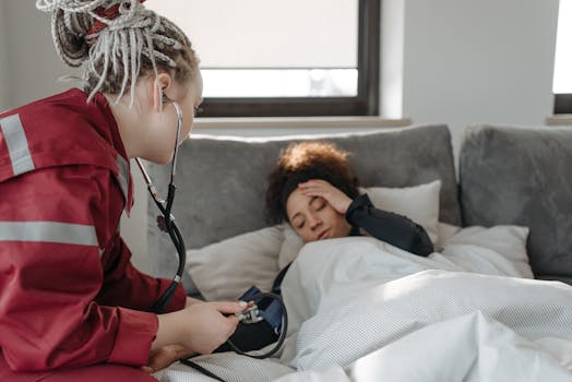 A paramedic examines a sick woman with a stethoscope indoors, providing medical care.