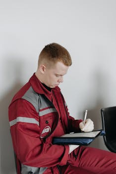 Paramedic in red uniform taking notes inside a room. Ideal for healthcare and emergency concept.