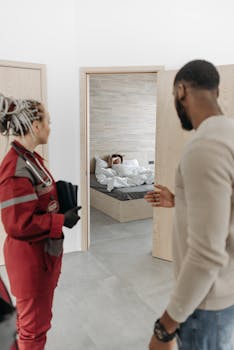 Paramedic and companion assist a sick woman in bed, showcasing home healthcare support.