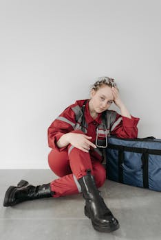Exhausted EMT in uniform resting indoors against equipment bag, reflecting a demanding healthcare role.