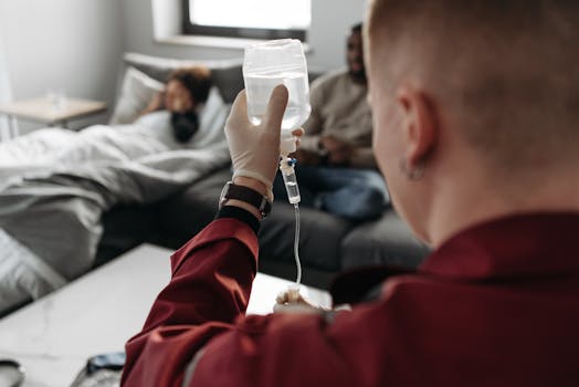 A healthcare worker in gloves administers an IV to a patient at home, focusing on care.