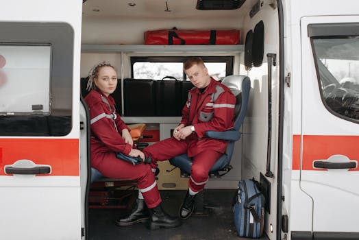 Two paramedics in uniform seated inside an ambulance vehicle, ready for emergency response.