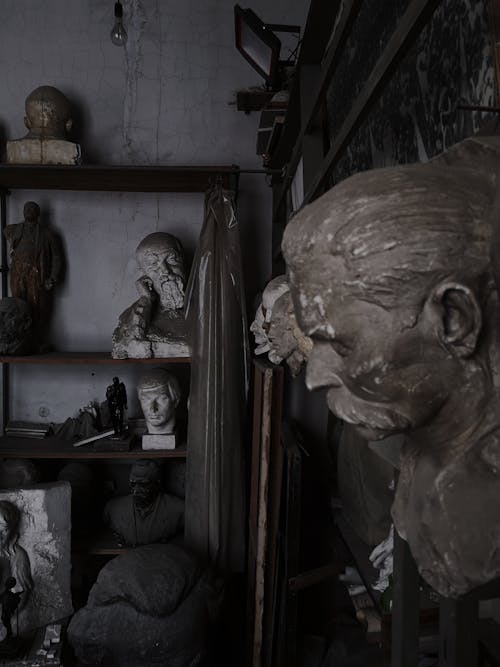 Busts placed on shelves in workshop