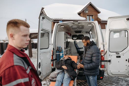 Paramedics assisting a patient outside an ambulance during an emergency.