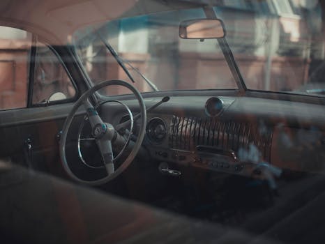 Explore the elegant design of a classic car interior, featuring a vintage steering wheel.