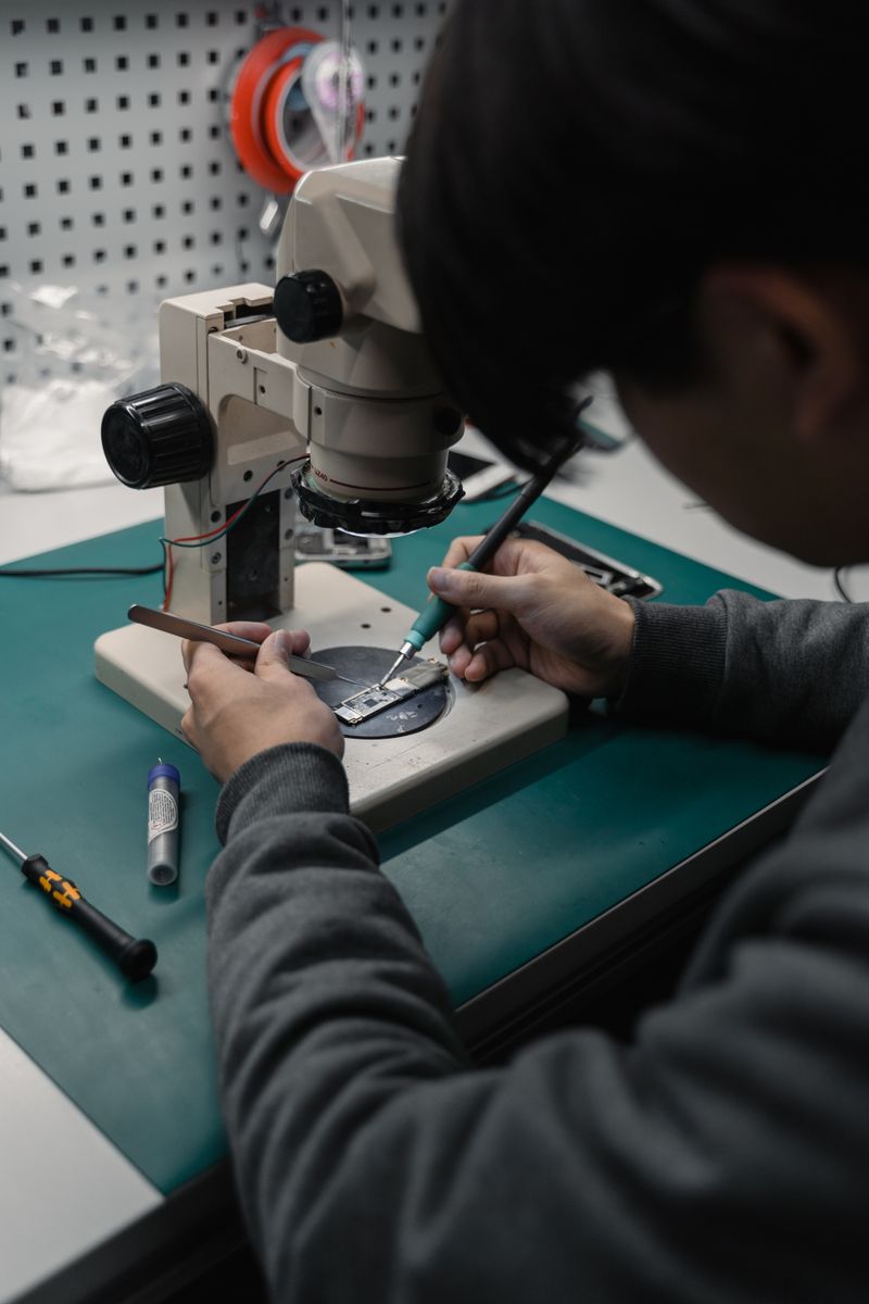 Focused technician soldering microchip under microscope in electronics lab.