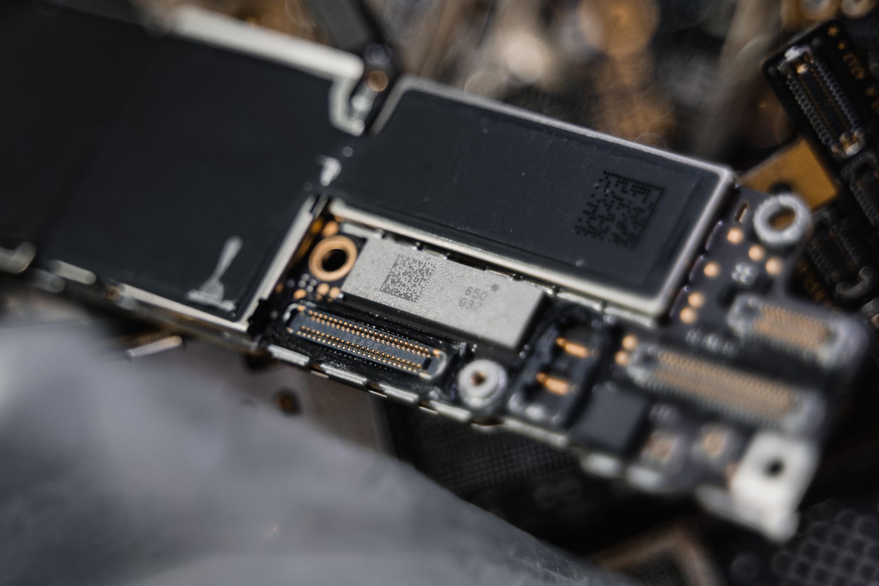 Close-up of smartphone internal components and circuit board