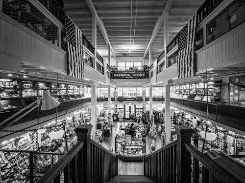Black and White Photo of the Interior of a Shopping Mall