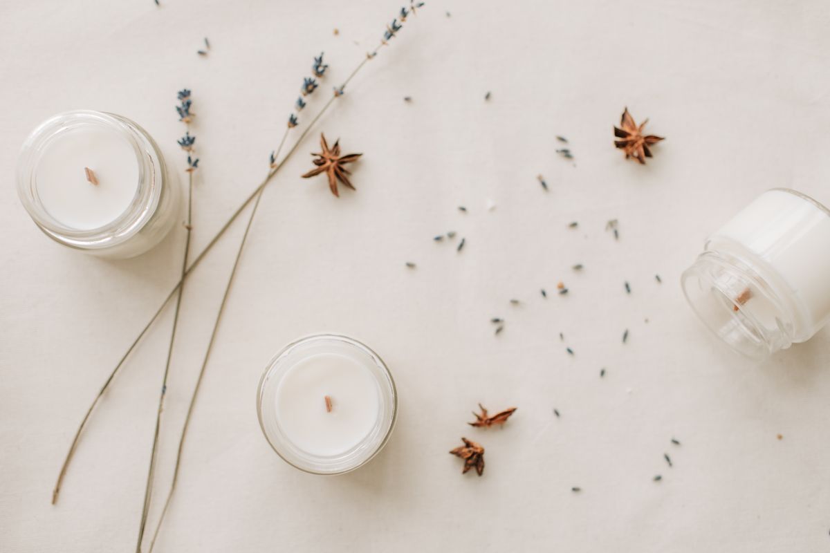 Candle jars styled with dried lavender
