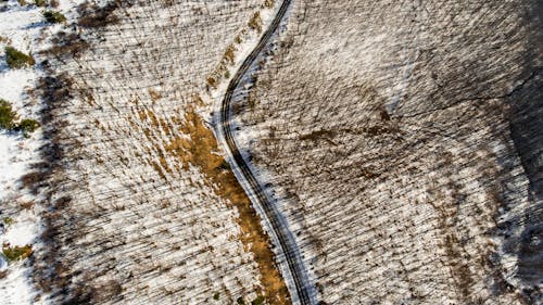 Top View of a Road between Snowy Fields 