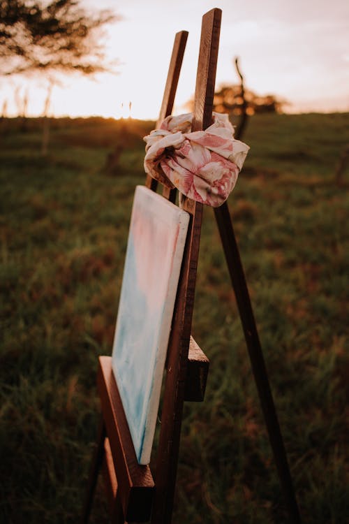 Free Canvas on an Easel Standing on a Field at Sunset  Stock Photo