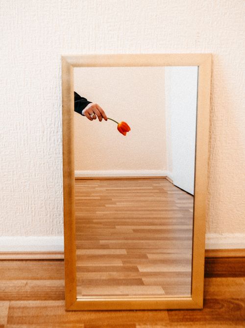 Free Minimalist image of a hand holding a red tulip reflected in a standing mirror Stock Photo