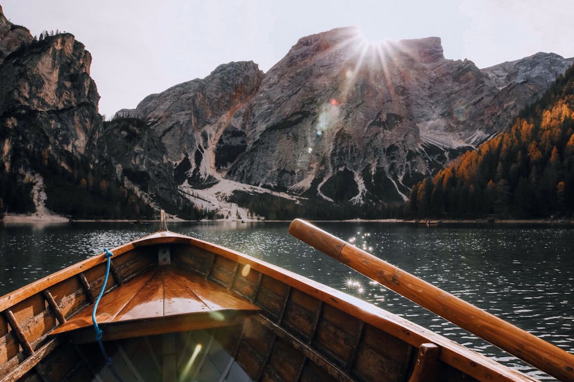 Canot Brun Dans Le Plan D'eau Près De La Montagne