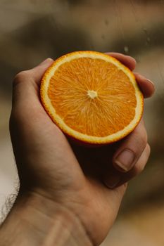 A hand holding a fresh orange slice showcasing vibrant citrus textures.