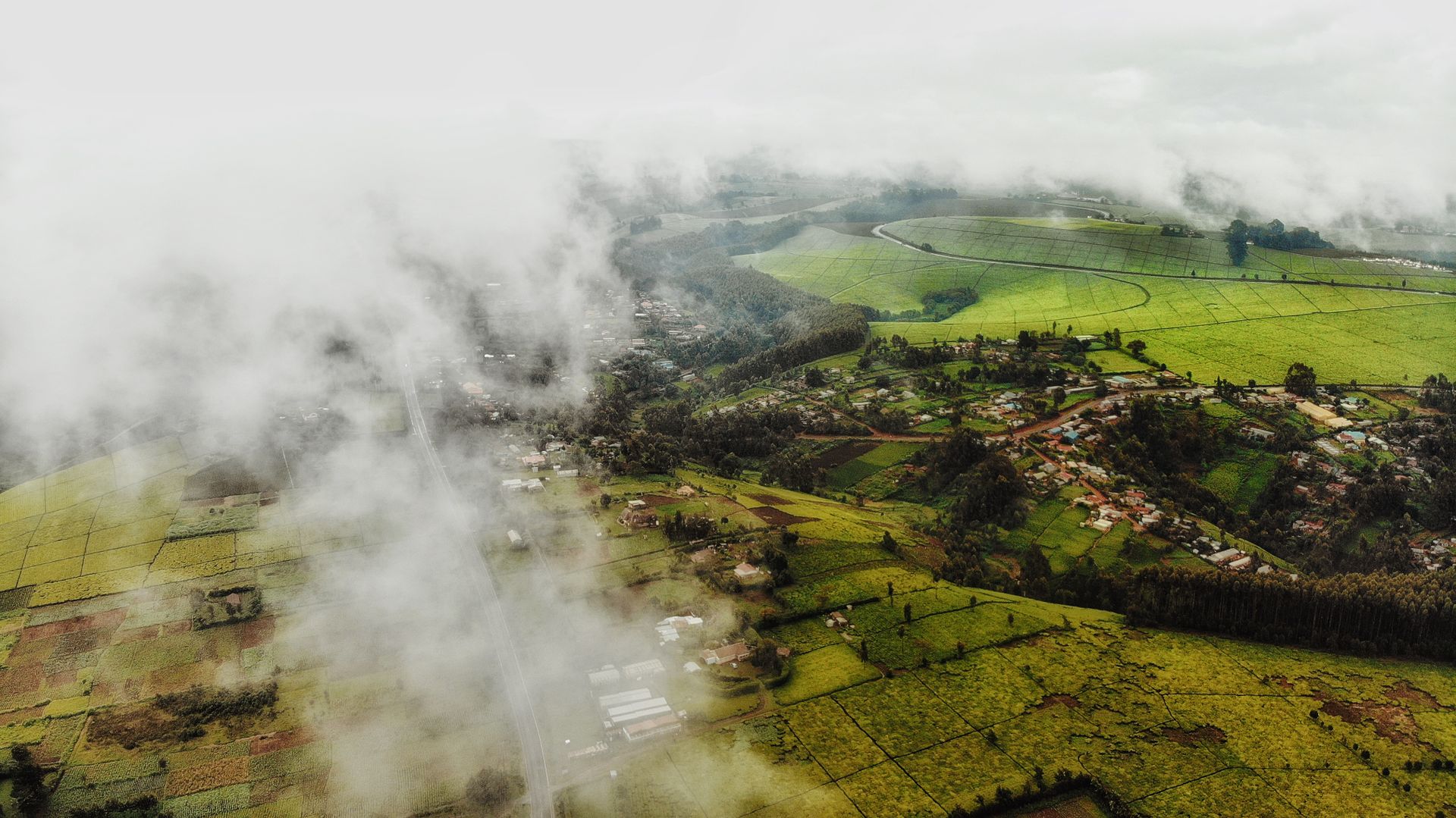 Paisaje de tierras agrícolas verdes en la Kenia rural durante el día.