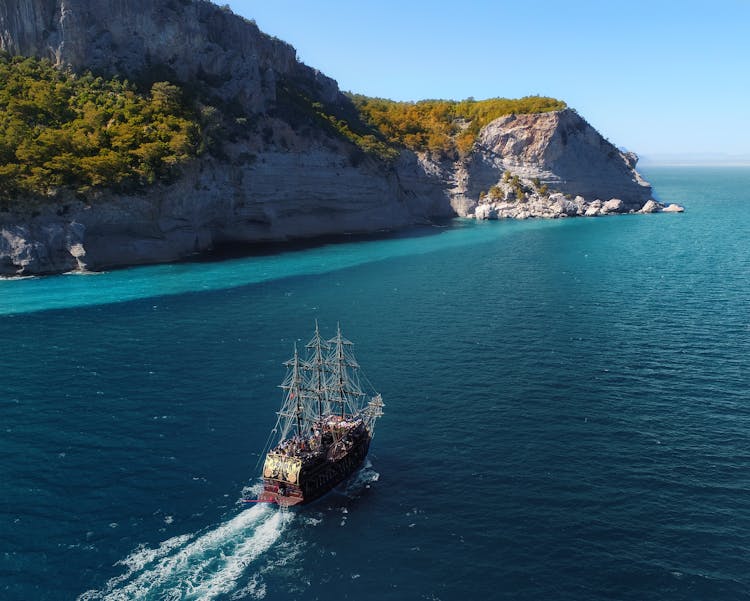 A Pirate Ship Sailing On Sea