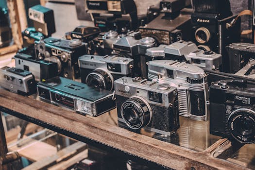 Showcase of classic vintage cameras on display, capturing the essence of photography history.