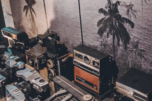 A nostalgic collection of vintage cameras on display. Perfect for photography enthusiasts and collectors.