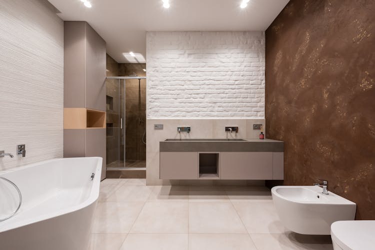 Bathroom Interior With Bathtub And Bidet Next To Counter