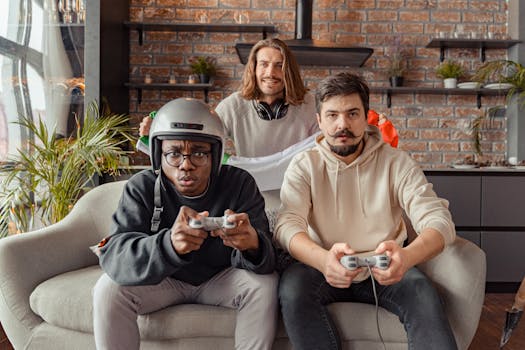 Three friends enjoy video gaming together indoors, showcasing intense focus and teamwork.