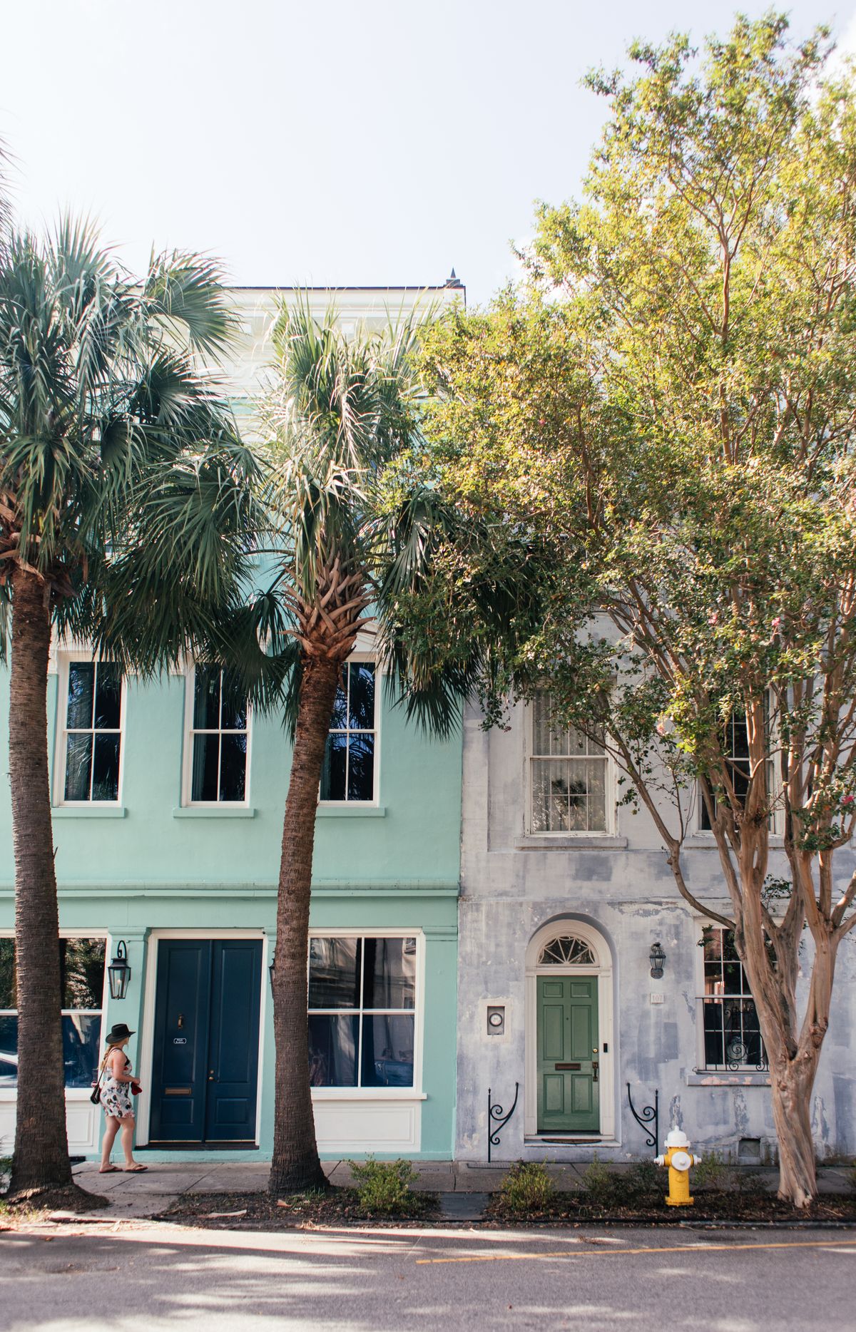 Tree-lined street of pastel historic homes in the Charleston, South Carolina Historic District.