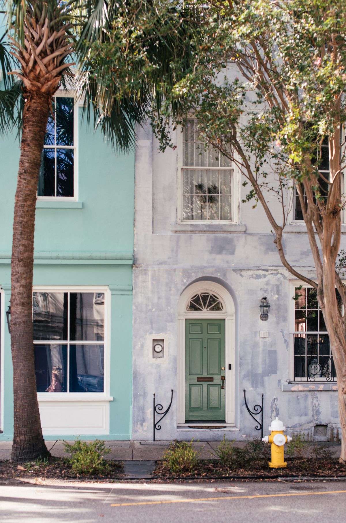 A historic house with a pastel facade and a green front door, highlighted by trees and a yellow fire hydrant. Illustrative editorial photograph.