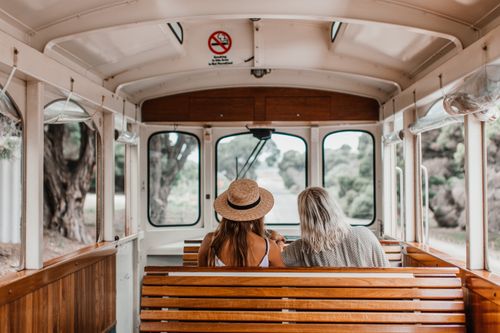 Free Women enjoying a peaceful tram ride through beautiful scenery. Stock Photo